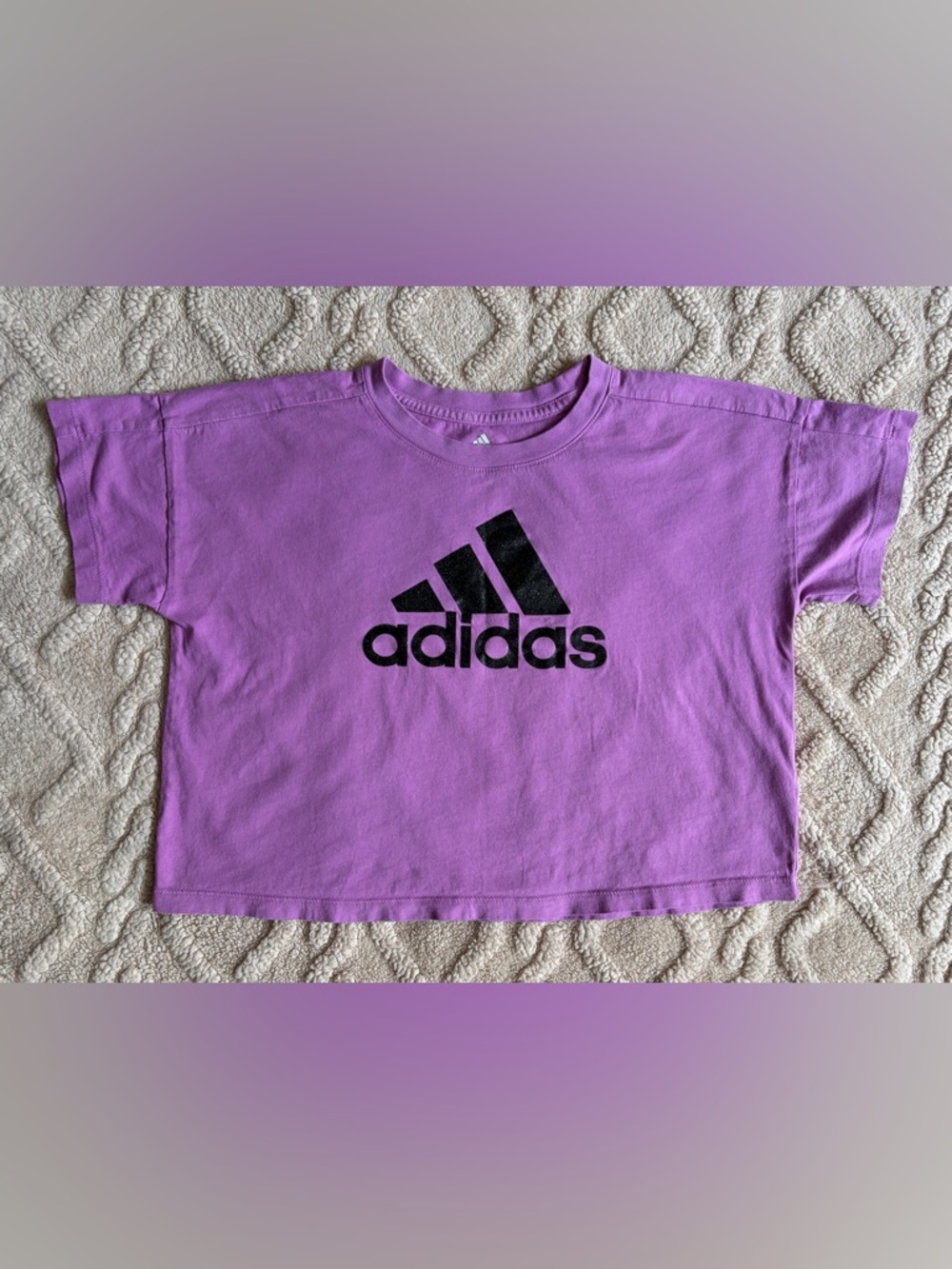 Girls (7/8) Short Sleeve Adidas Top - Purple Shirt W/ Black Glitter Letters